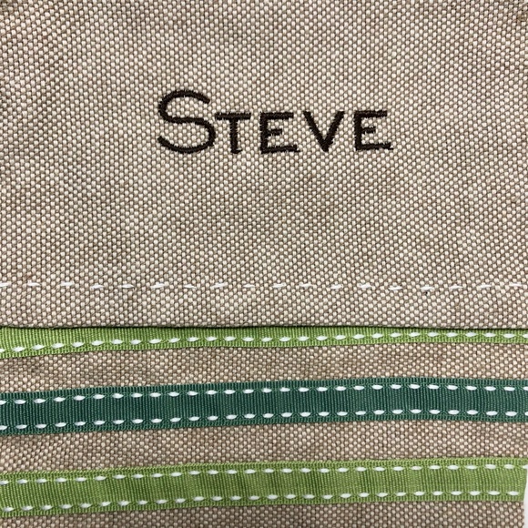 WEST ELM Linen Christmas Stocking Green Grosgrain Ribbon ~ “Steve” Monogram - Picture 5 of 11